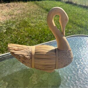 Handcrafted Swan Carved Wood Head & Sculpted Reed Body Figurine Display